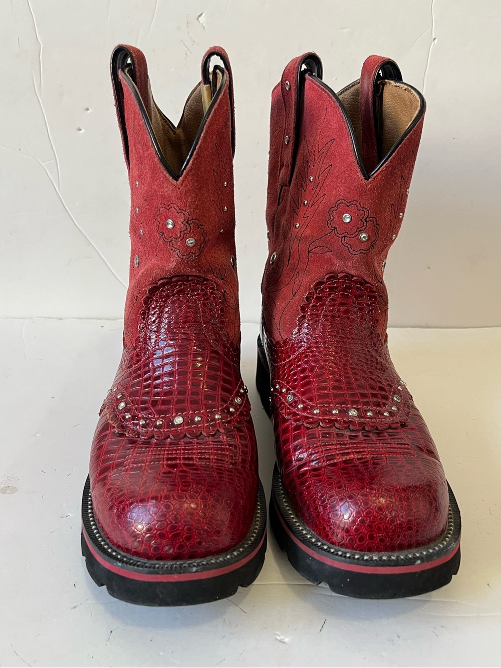 Ariat fatbaby Red suede faux croc Embossed Western cowboy boots size 8B - Picture 3 of 10